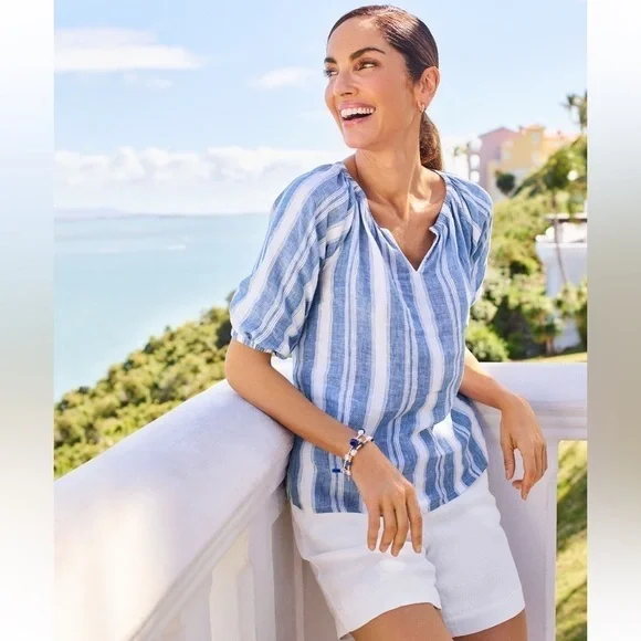 TALBOTS - LINEN POPOVER - DREAMY STRIPE - Medium Petite - Blue and White - Picture 1 of 4